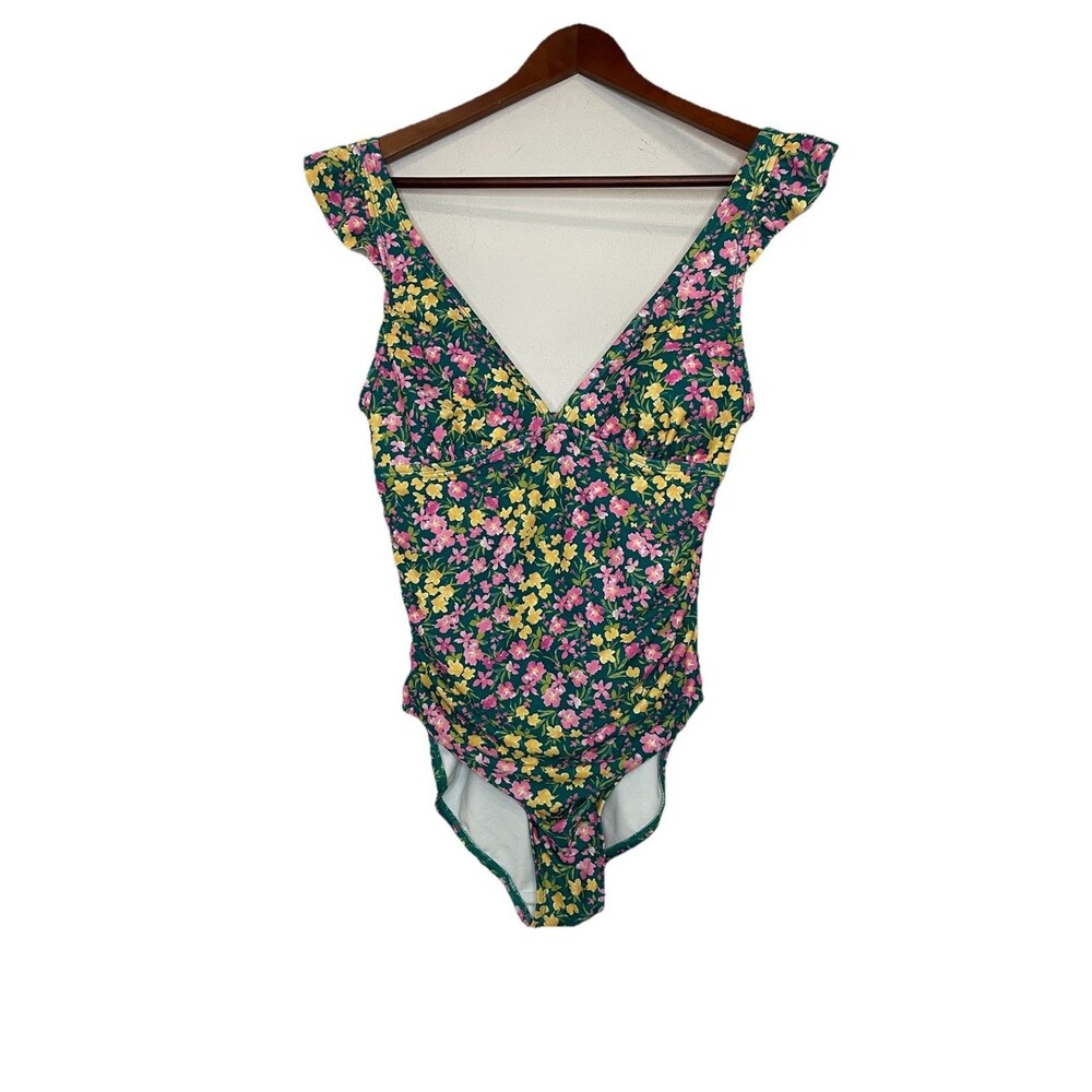 Kona Sol Green Floral One-Piece Swimsuit with Pink and Yellow Flowers